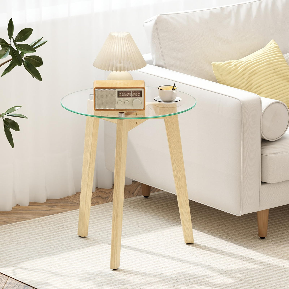 Goflame Glass Round Side Table w/Tempered Glass Top & Rubber Wood Frame