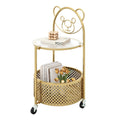 Goflame Mobile Glass Coffee Table, 2-Tier Round End Table with Bear Pattern, Storage Basket, Metal Frame