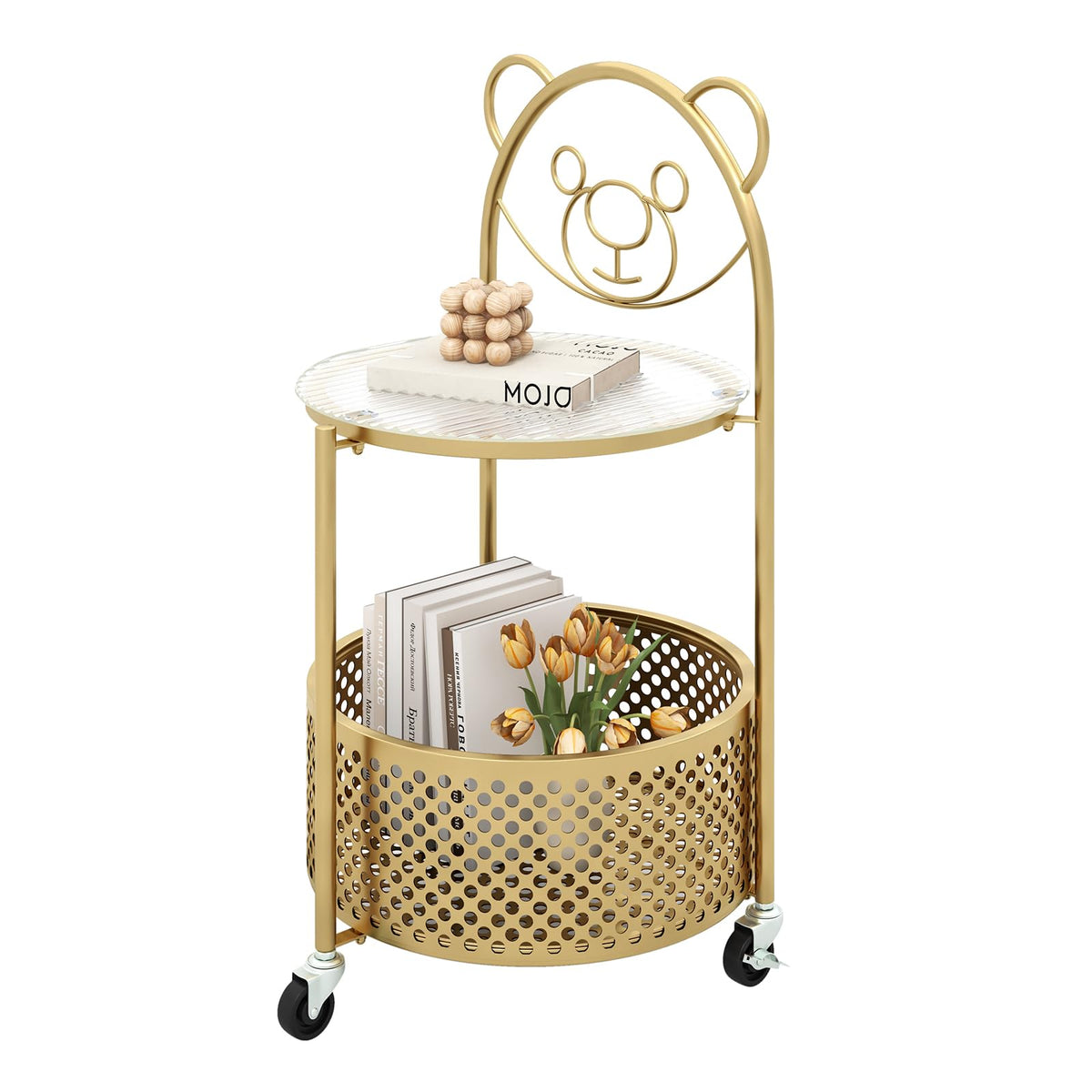 Goflame Mobile Glass Coffee Table, 2-Tier Round End Table with Bear Pattern, Storage Basket, Metal Frame