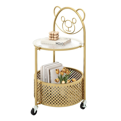 Goflame Mobile Glass Coffee Table, 2-Tier Round End Table with Bear Pattern, Storage Basket, Metal Frame