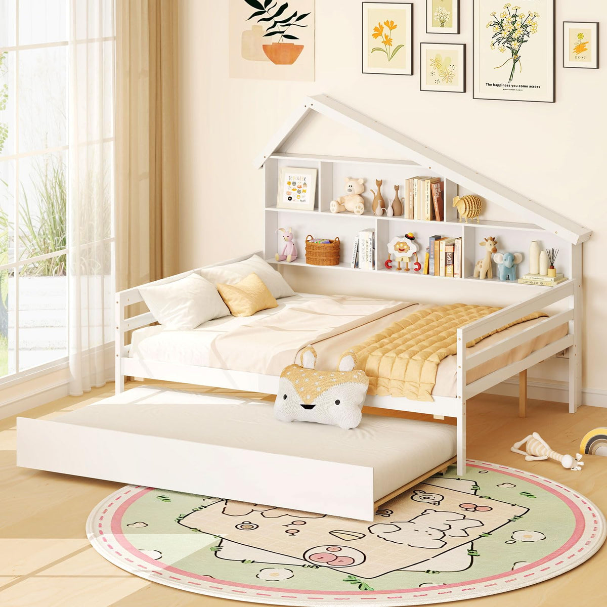 Goflame Full House Bed with Twin Trundle, Wood Daybed with 5 Cube Storage Bookcase & Headboard
