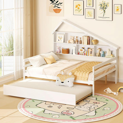 Goflame Full House Bed with Twin Trundle, Wood Daybed with 5 Cube Storage Bookcase & Headboard