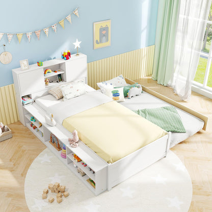 Goflame White Twin Size Bed Frame with Trundle and Bookcase Headboard