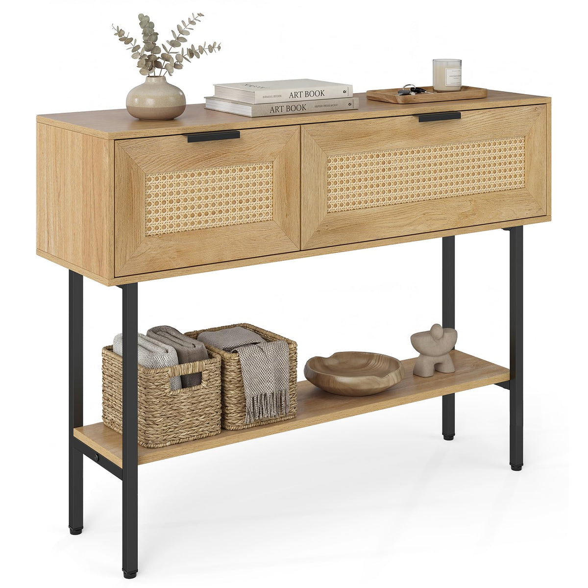 Goflame Rattan Console Table Boho Entryway Table with 2 Storage Cabinets
