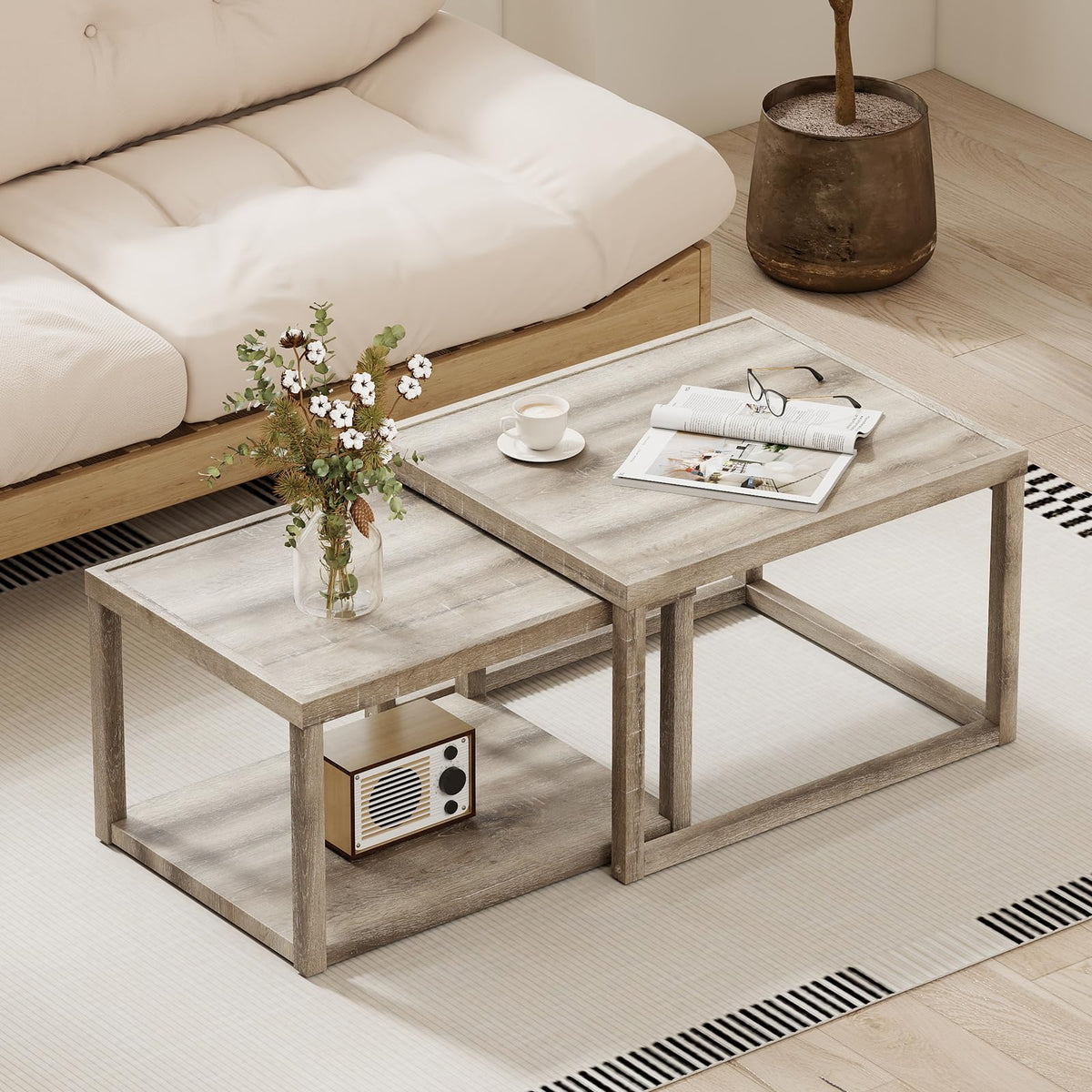 Goflame Nesting Coffee Tables Set of 2 with Storage Shelf Rubber Wood