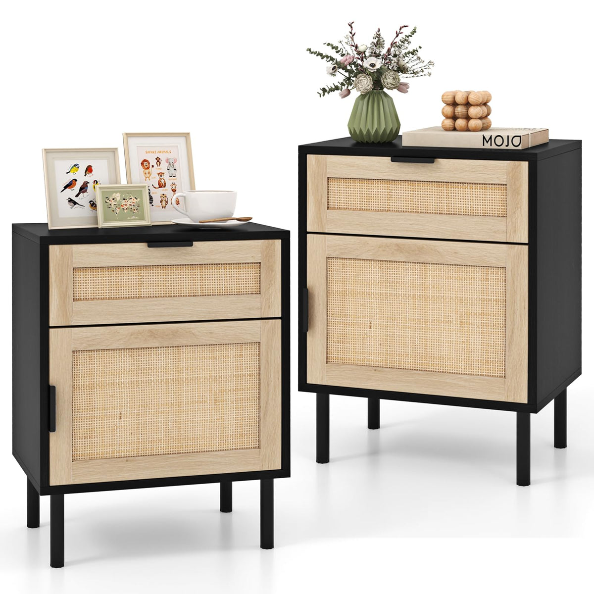 Goflame Rattan Nightstand Set of 2, Mid Century Modern End Table with Drawer & Cabinet, Sofa Side Table with Sturdy Metal Legs