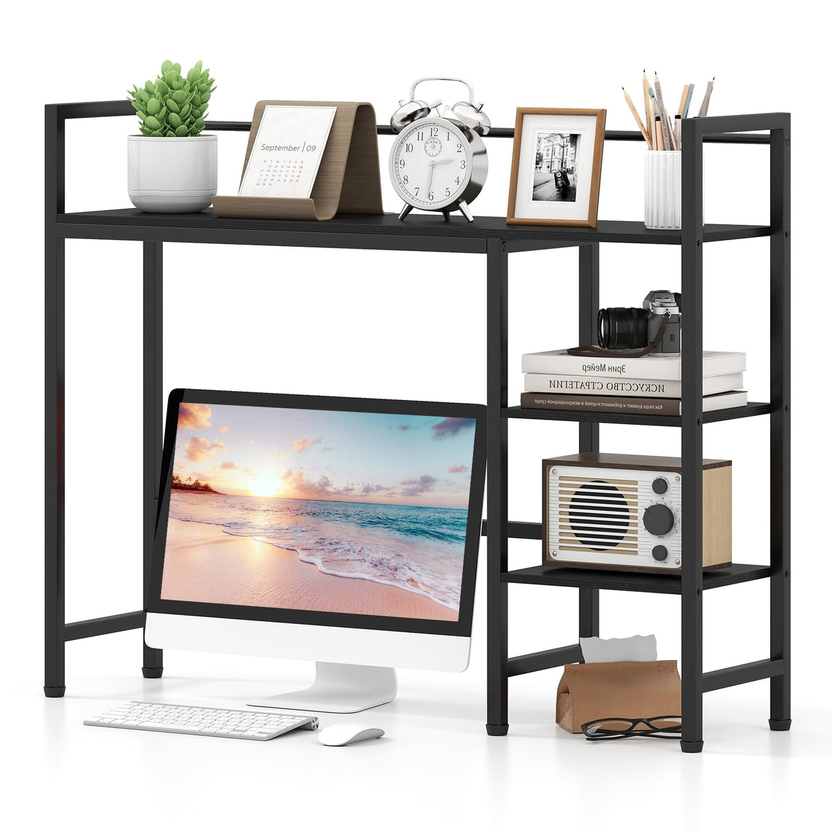 Goflame 4-Tier Desktop Bookshelf | 38.5" Dorm Desk Hutch for 27" Monitor