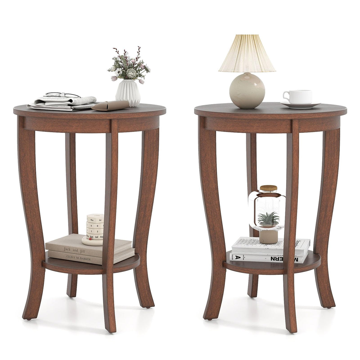 Goflame Round End Table with Storage Shelf Set of 2, Retro Nightstand with Solid Wood Legs, 24.5" Accent Table for Small Spaces