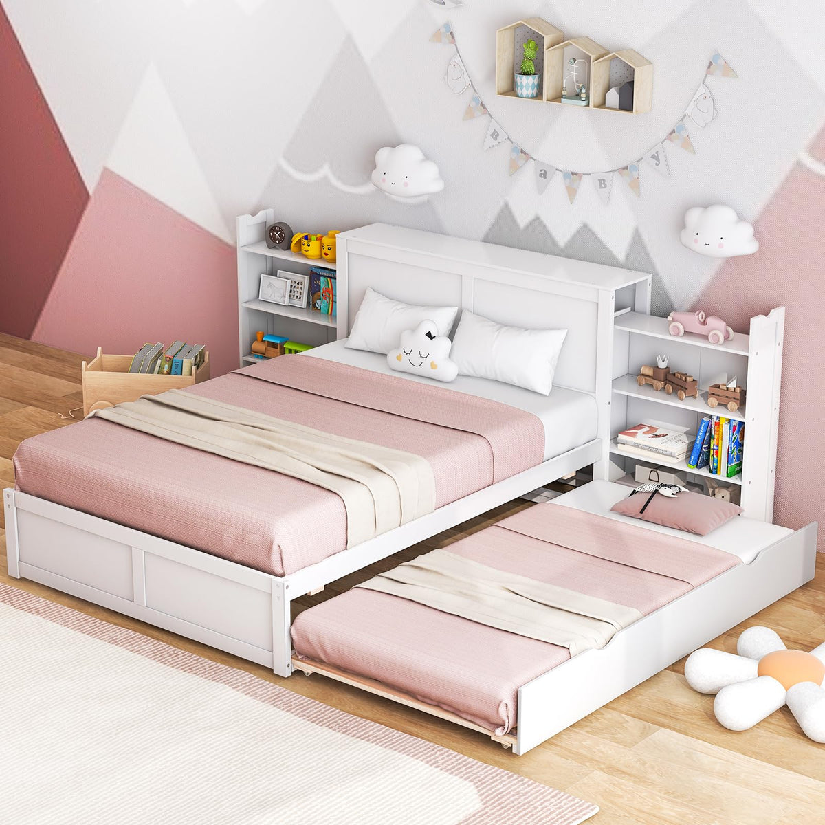 Goflame Full Bed Frame with Twin Trundle, Wooden Bed Wooden Bed Frame with 2 Rolling Bookcases & High Headboard