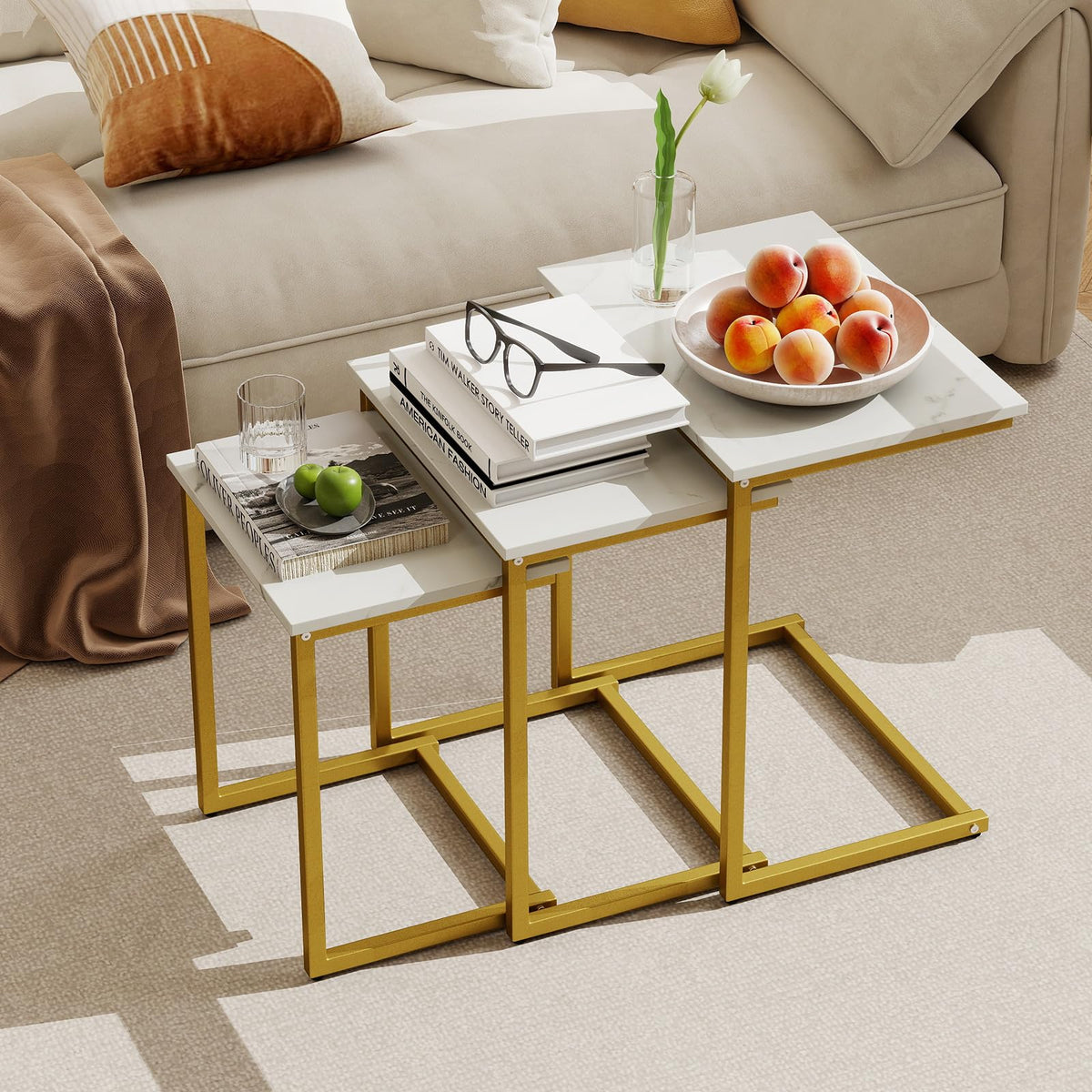 Goflame Nesting Coffee Table Set of 3 Stackable Square End Table w/Faux Marble Tabletop & Heavy-Duty Metal Frame