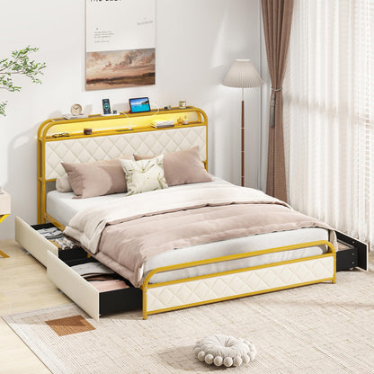 Goflame Queen/Full/Twin Size Bed Frame with 4 Storage Drawers and Charging Station