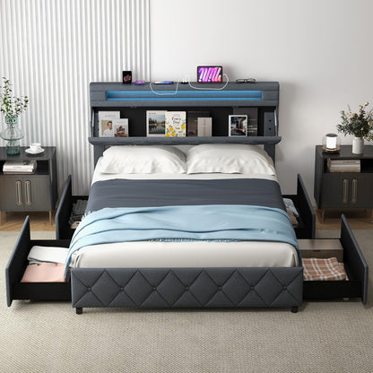 Goflame Queen/Full Size Bed Frame with Storage Headboard and 4 Drawers, Modern Upholstered Platform Bed with Charging Station