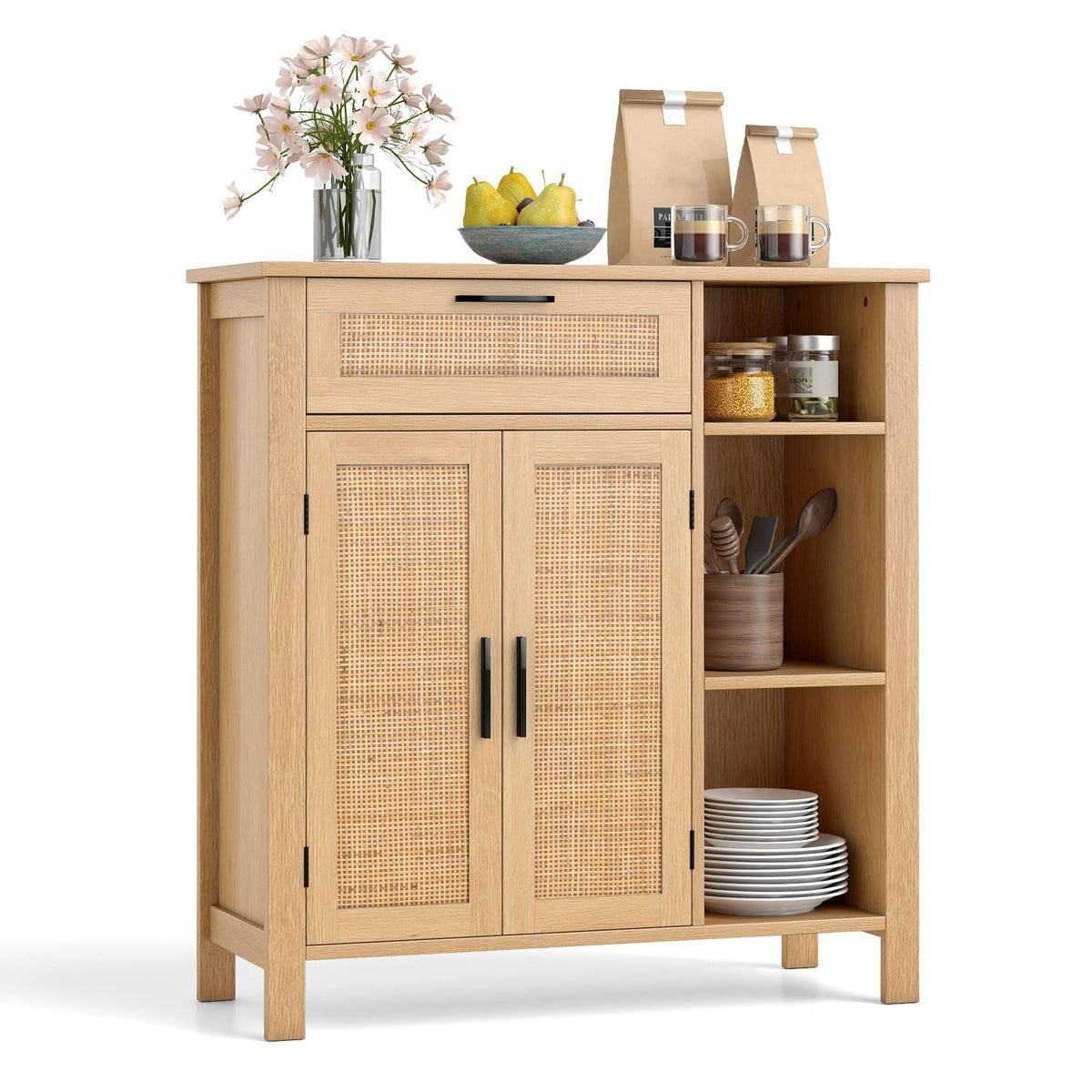 Goflame Buffet Cabinet with 2 Doors, Drawer 3 Open Cubbies Adjustable Shelf (Natural)