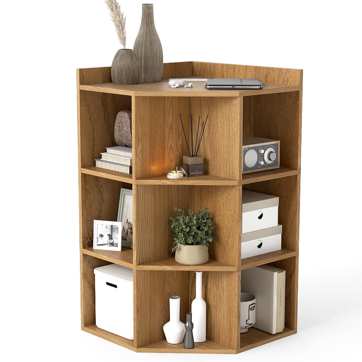 Goflame 3-Tier Corner Cabinet with Charging Station, Corner Shelf with 9 Cubbies, 2 USB Ports & 4 Outlets