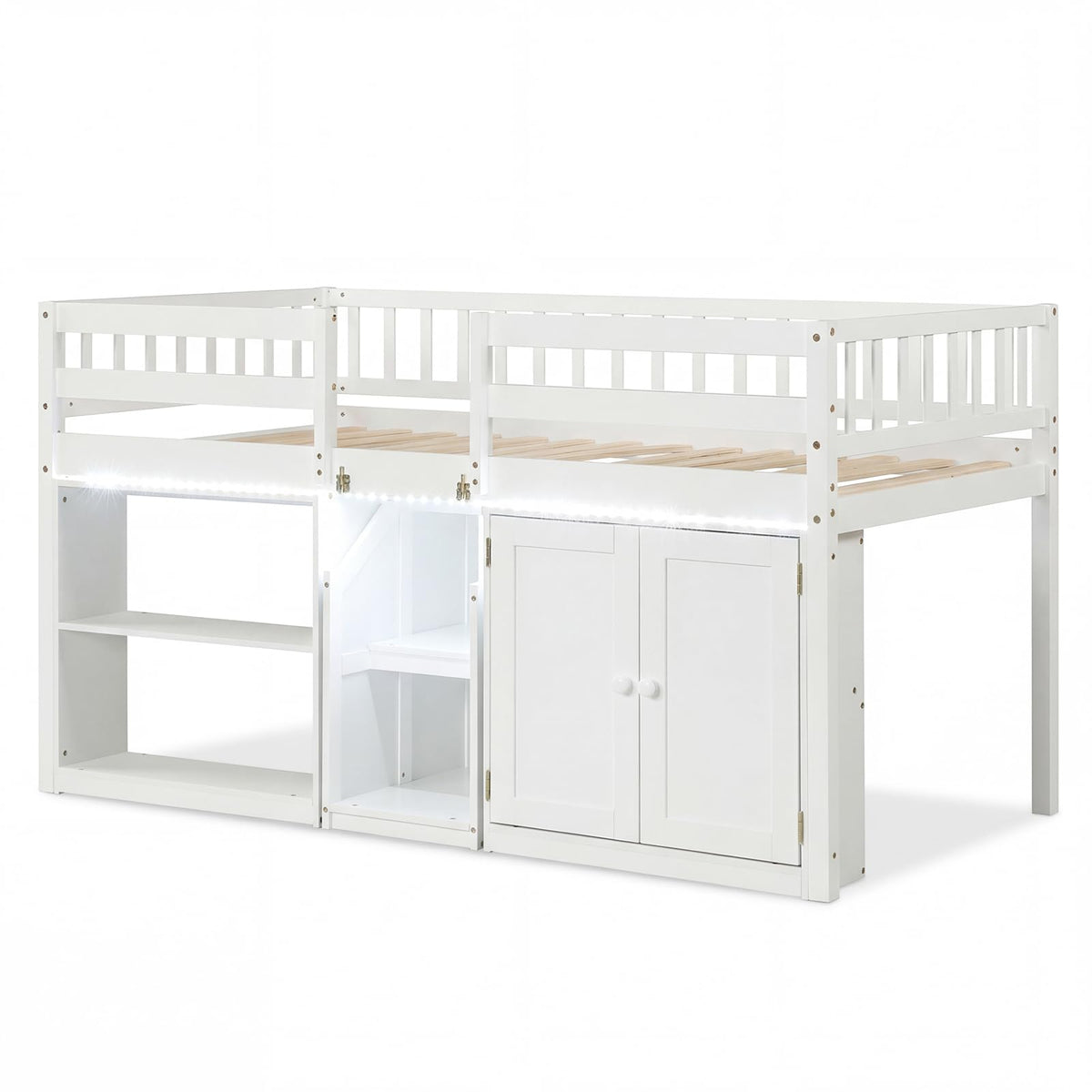 Goflame Low Loft Bed Twin Size with LED Lights, Wooden Bed Frame
