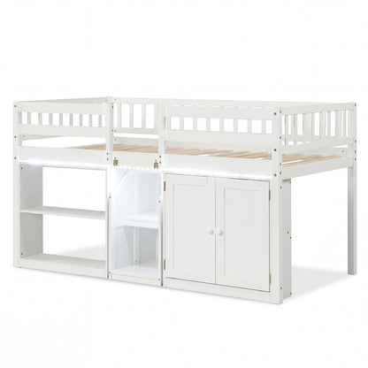 Goflame Low Loft Bed Twin Size with LED Lights, Wooden Bed Frame