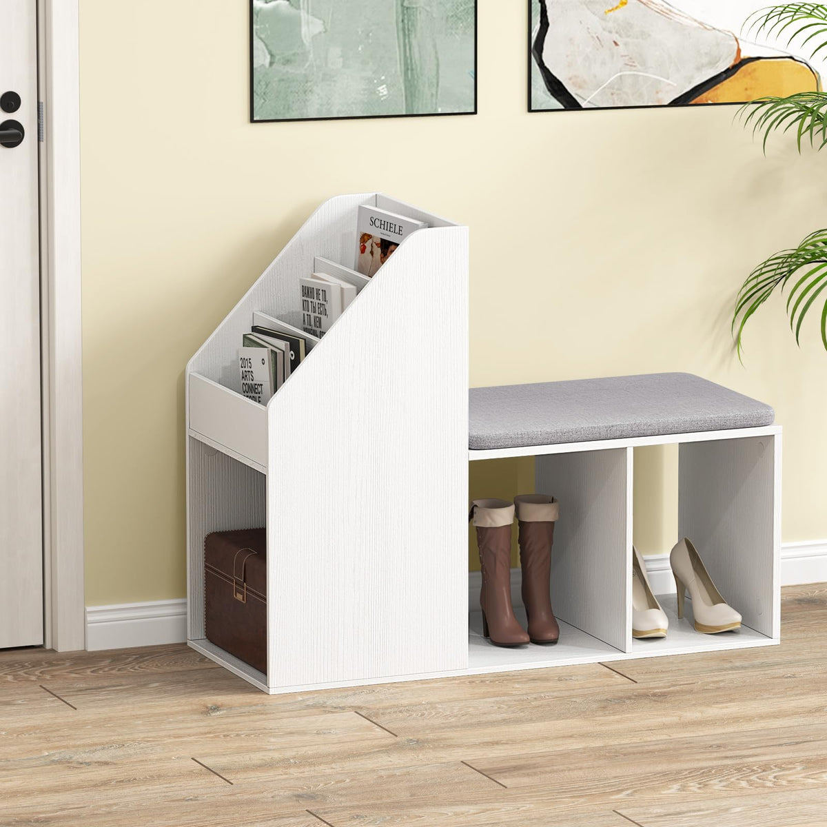 Goflame Shoe Storage Bench, Entryway Bench w/Side Holder & Padded Seat Cushion, 3 Storage Compartments