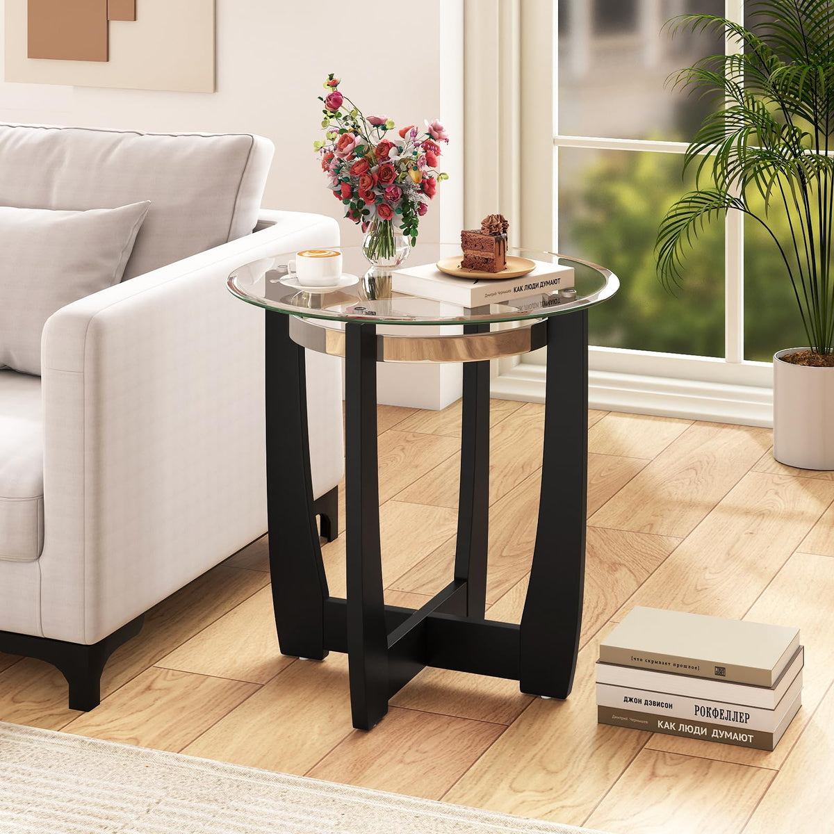 Goflame Round Glass End Table - 24’’ Side Table with Tempered Glass Top