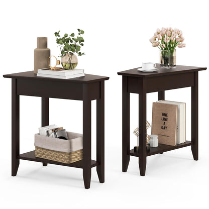 Goflame White Wedge End Table Set of 1 or 2, Triangle Side Table with Storage Shelf and Solid Wood Legs