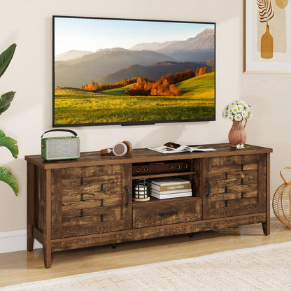 Goflame Farmhouse TV Stand for 65 Inch TVs 59" Wood Entertainment Center with 2 Woven Accent Doors