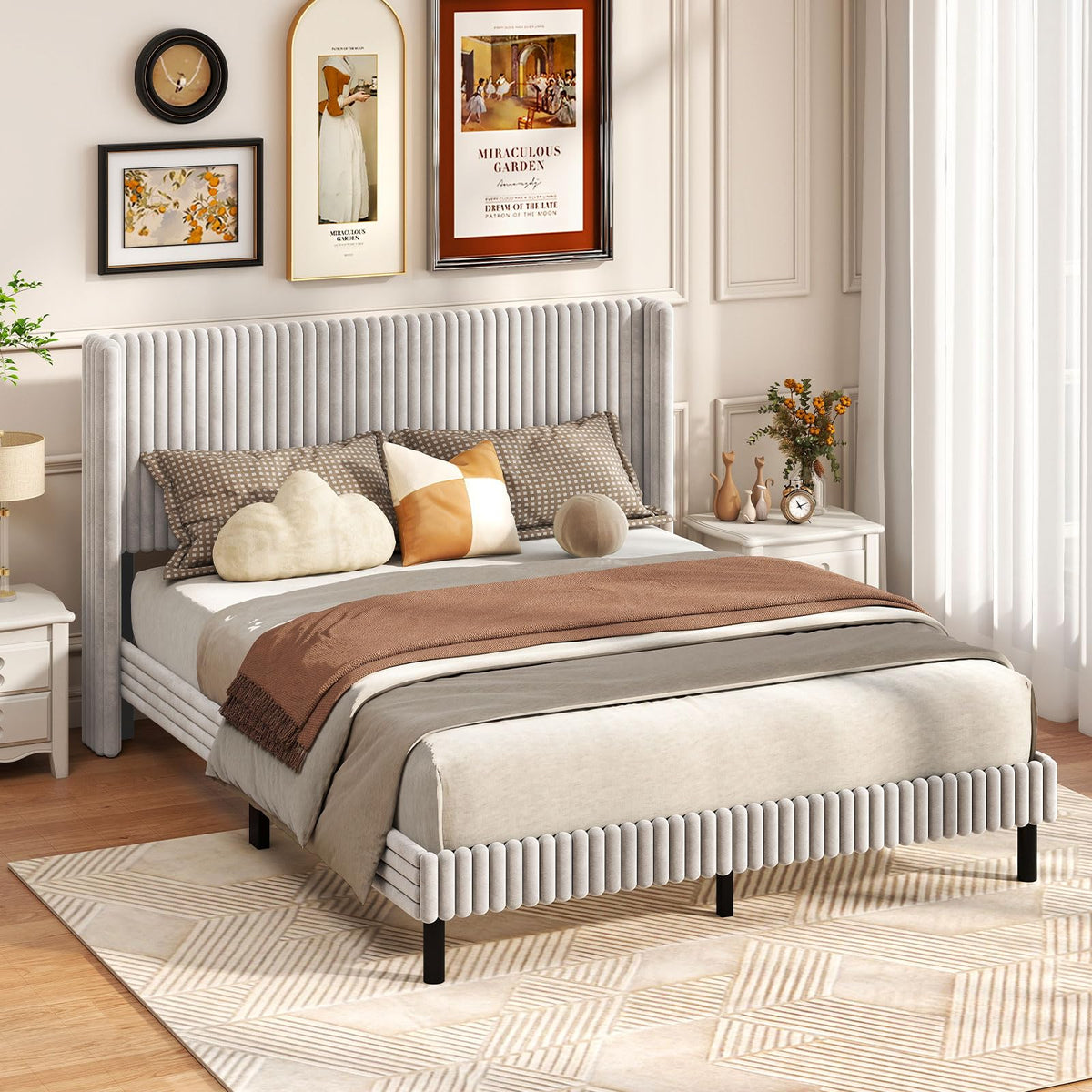 Goflame Queen Velvet Bed Frame Upholstered Platform Bed with Vertical Tufted Wingback Headboard
