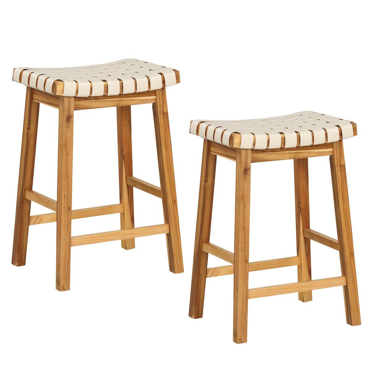 Goflame 25.5/31" Woven Bar Stools Set of 2/4, Faux PU Leather Counter Height Saddle Stools with Woven Curved Seat