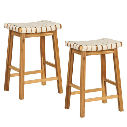 Goflame 25.5/31" Woven Bar Stools Set of 2/4, Faux PU Leather Counter Height Saddle Stools with Woven Curved Seat