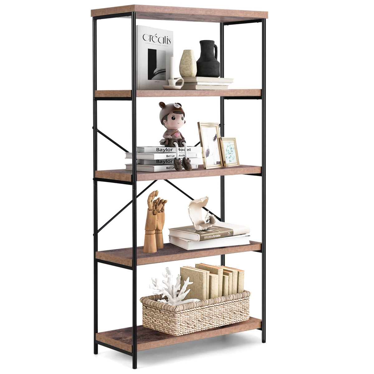Goflame Industrial 5-Tier Wood Bookshelf - 63’’ Tall Open Storage Organizer Shelves with Anti-Tipping Device and Foot Pads