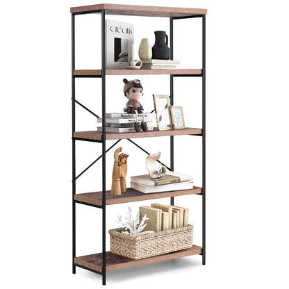 Goflame Industrial 5-Tier Wood Bookshelf - 63’’ Tall Open Storage Organizer Shelves with Anti-Tipping Device and Foot Pads