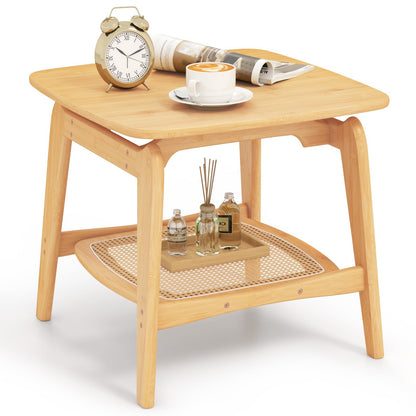 Goflame Rattan Side Table, Boho End Table with Storage Shelf, 2-Tier Bedside Table for Small Spaces