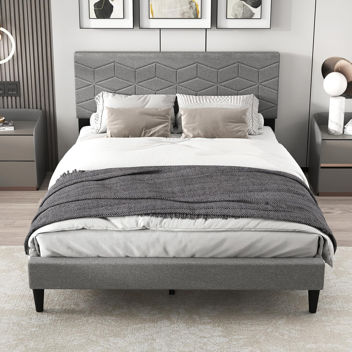 Goflame Queen/Full/Twin Size Upholstered Bed Frame Modern Platform Bed with Linen Fabric Geometric Headboard