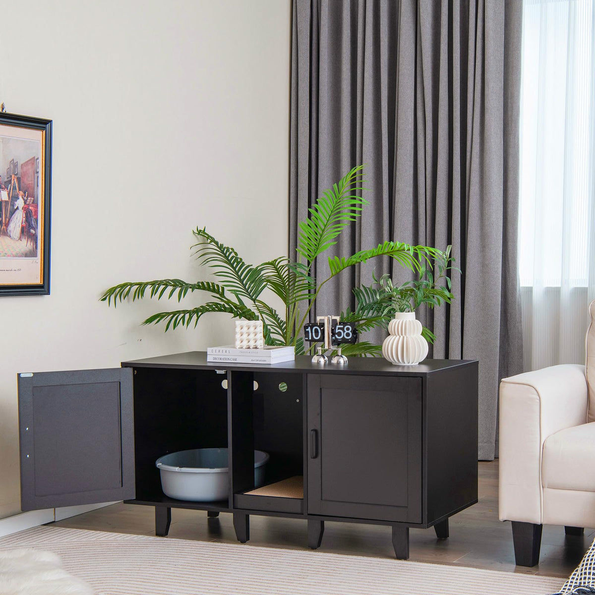 Goflame Cat Litter Box Enclosure - Cat Washroom Hidden Furniture with 2 Storage Cabinets