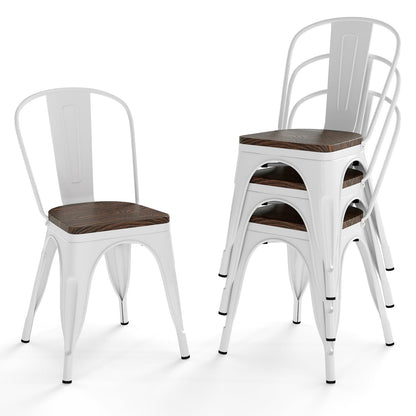 Goflame Metal Dining Chairs Set of 4 Stackable Armless Kitchen Chairs w/Elm Wood Seat