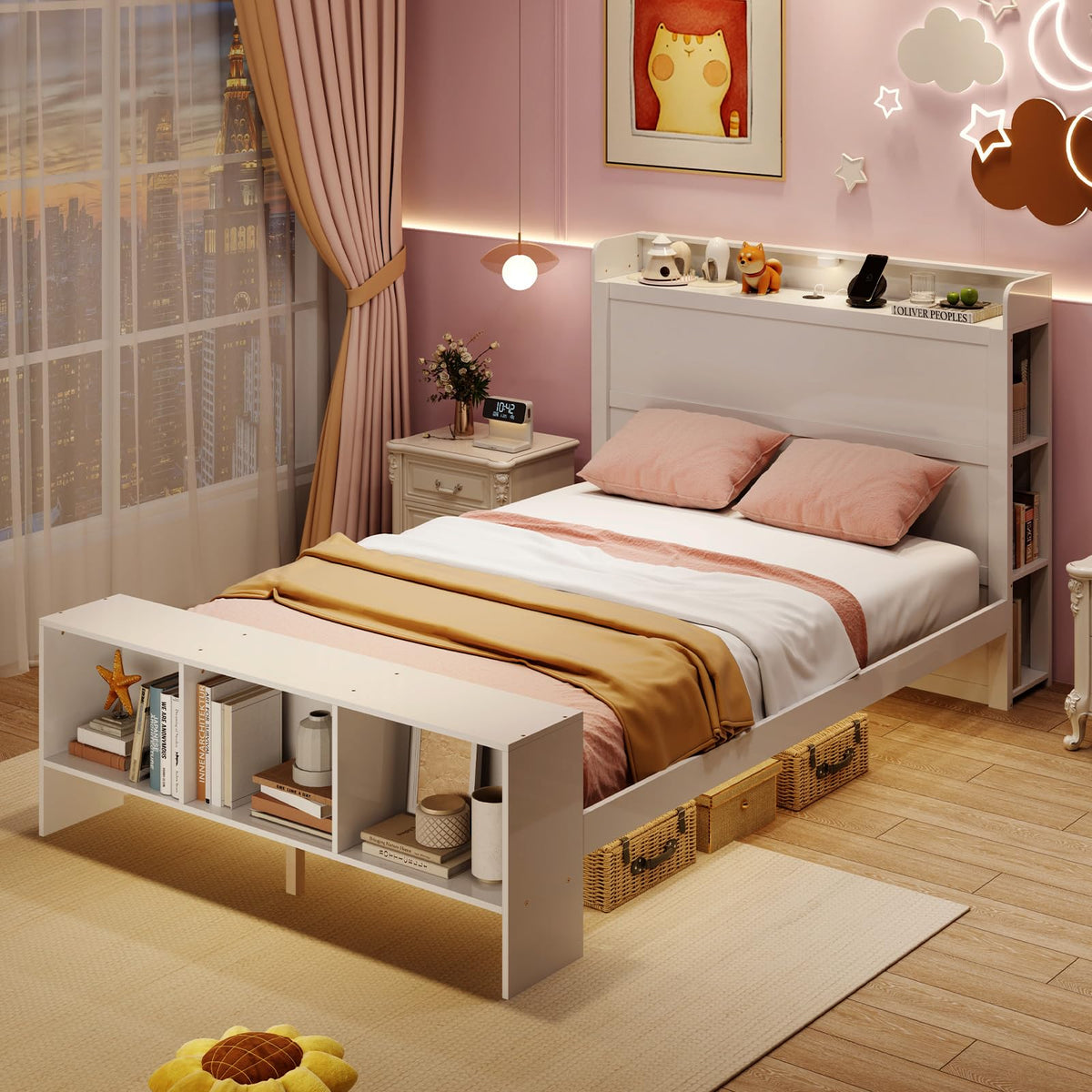 Goflame Full/Twin Size Bed Frame with Storage Headboard & Footboard