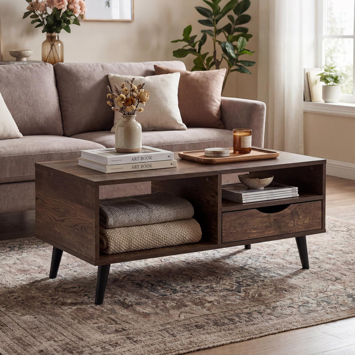 Goflame Wood Coffee Table with Storage Drawer 36.5 Inch Rustic Center Table