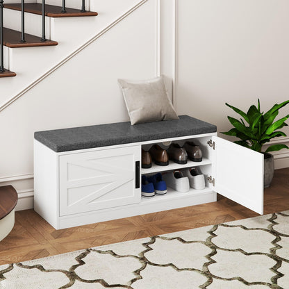 Goflame Shoe Storage Bench with Cushion, 2-Tier Entryway Bench w/2 Barn Doors & 2 Adjustable Shelves