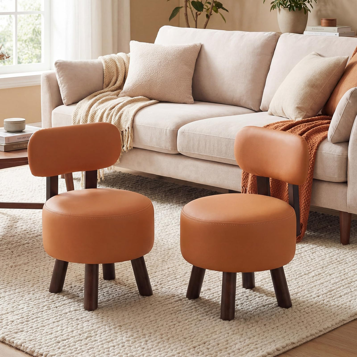 Goflame Round Small Footrest Stools Set of 2 with Backrest & Rubber Wood Legs