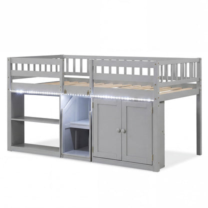 Goflame Low Loft Bed Twin Size with LED Lights, Wooden Bed Frame