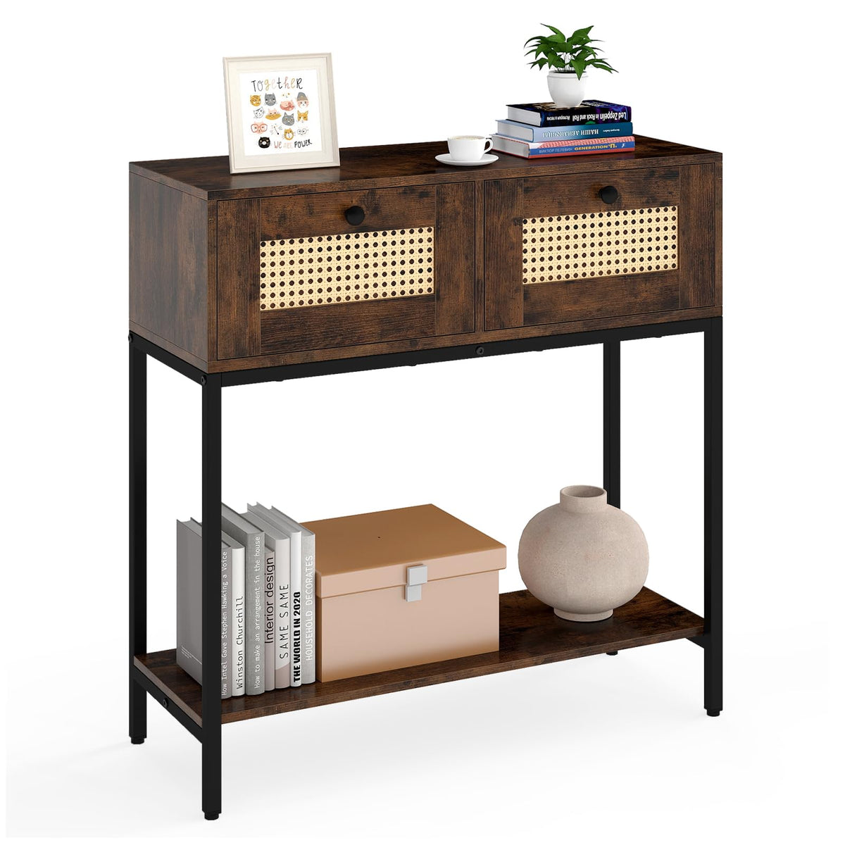 Goflame Rattan Console Table 32" Boho Entryway Table with 2 Drawers