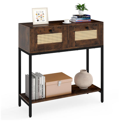 Goflame Rattan Console Table 32" Boho Entryway Table with 2 Drawers