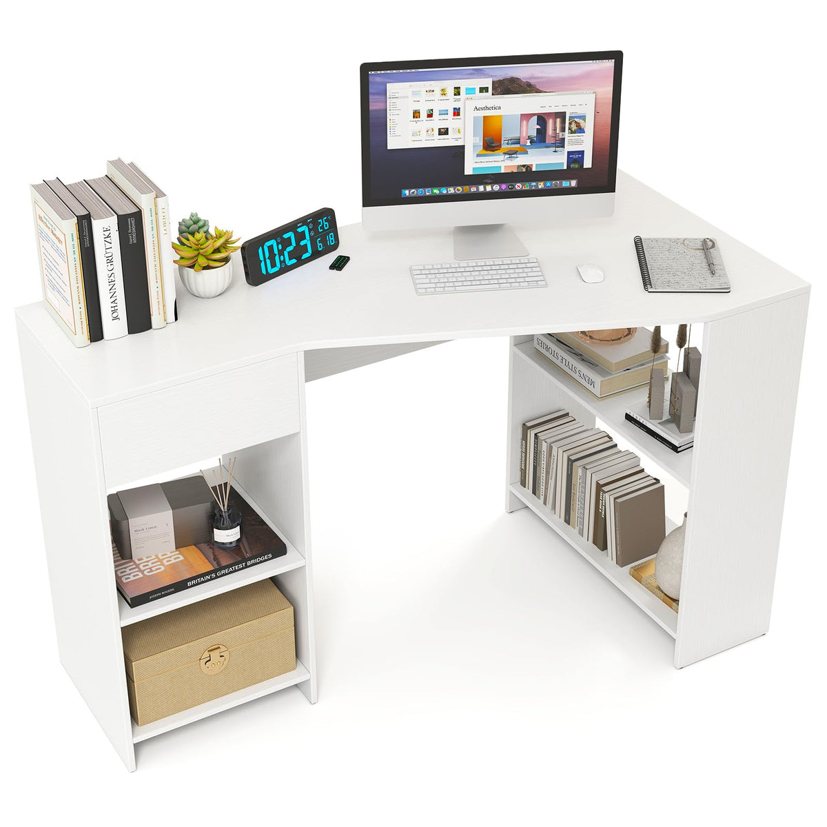 Goflame White Desk with Drawer 48 Inch Corner Desk