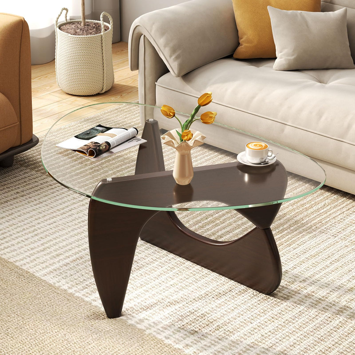 Goflame Triangle Glass Coffee Table, Solid Wood Tea Table with Tempered Glass Top & Adjustable Base