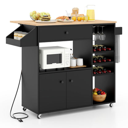 Goflame Rolling Kitchen Island Cart with Drop Leaf, Power Outlet, Spice Rack, 12 Wine Rack