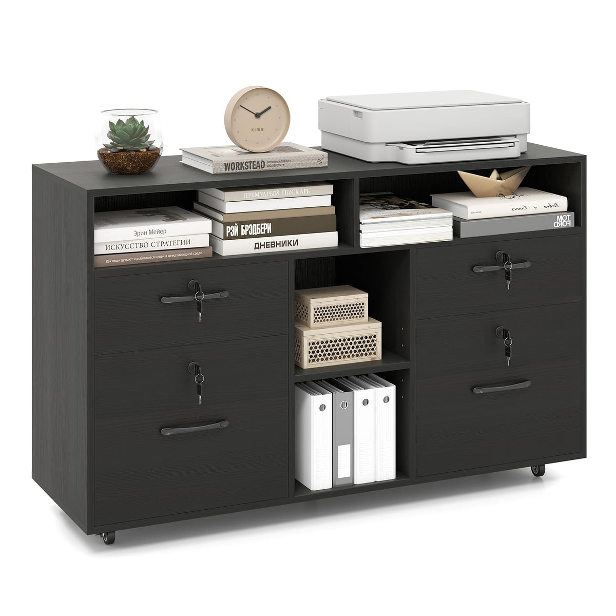 Goflame 4-Drawer Lateral File Cabinet with Lock & 5 Rolling Wheels (2 Lockable)