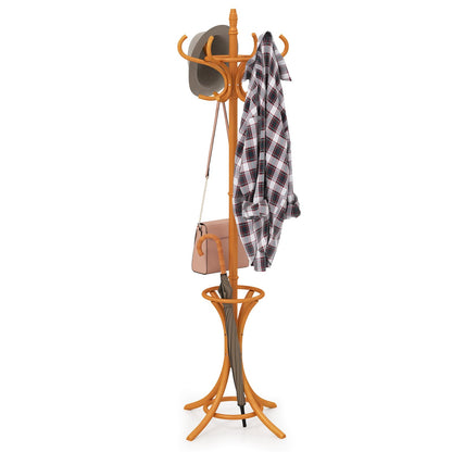 Goflame Solid Wood Coat Rack, Freestanding Hall Tree w/12 Hooks, Umbrella Holder, Entryway Hanger Stand for Coat