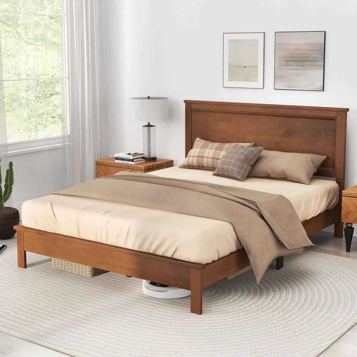 Queen/Full/Twin Size Platform Bed w/ Rubber Wood Legs & Integrated Headboard | Wooden Bed Frame