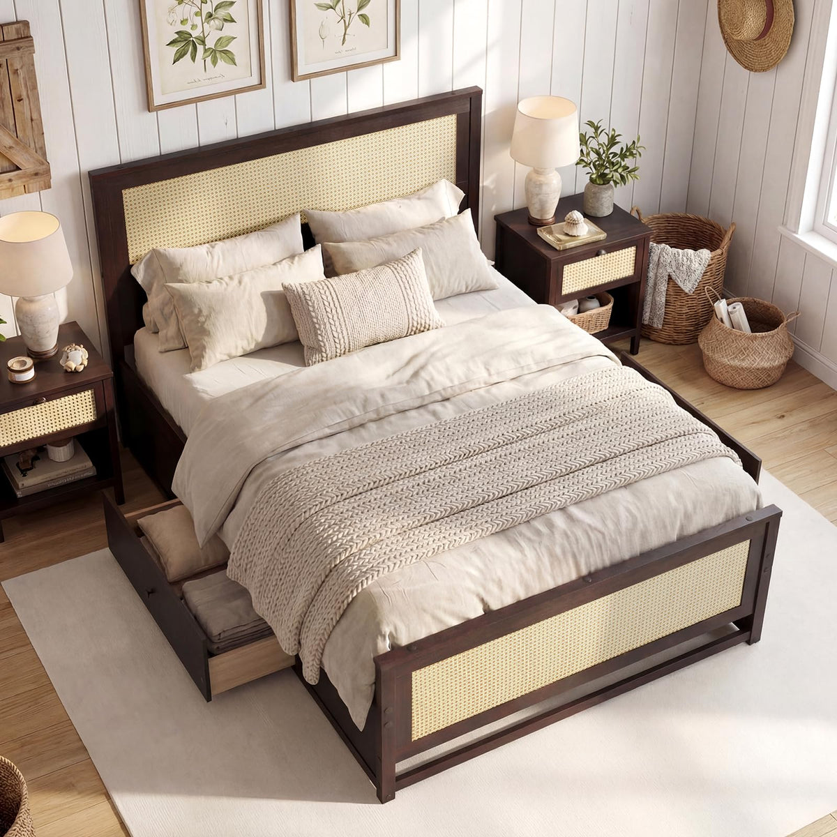 Goflame Full/Twin Size Rattan Bed Frame with 2 Storage Drawers