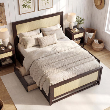Goflame Full/Twin Size Rattan Bed Frame with 2 Storage Drawers
