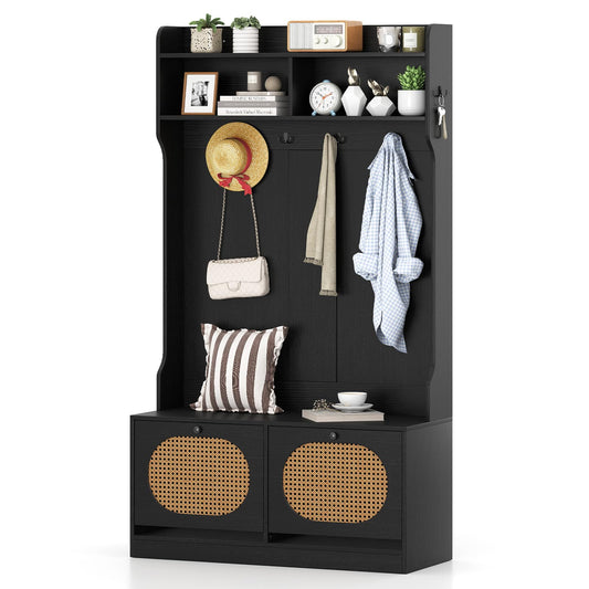 Goflame 4-In-1 Hall Tree Entryway Bench with Coat Rack & Flip Drawers