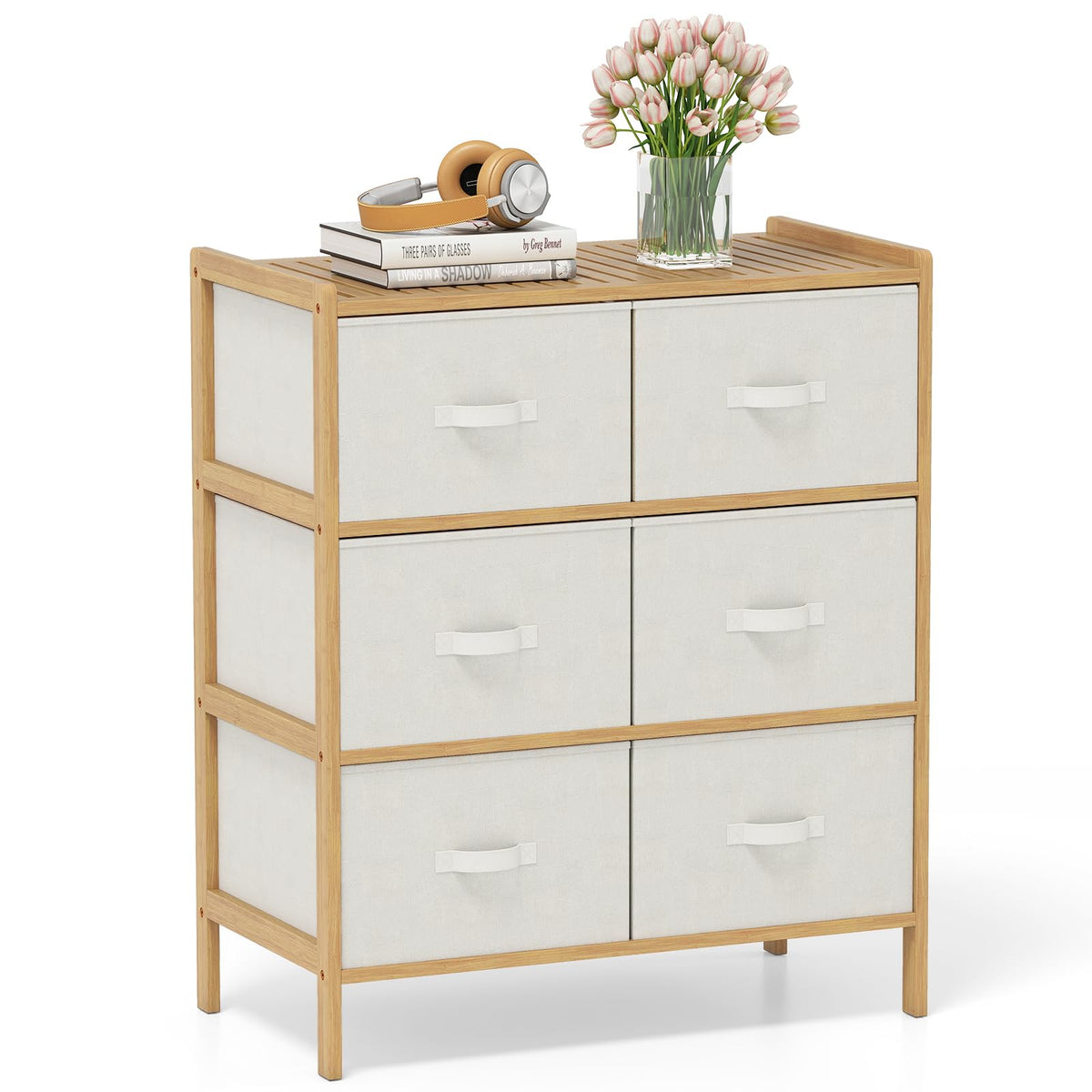 Goflame White Dresser for Bedroom Bamboo 6 Fabric Drawers Storage Tower with Top Shelf